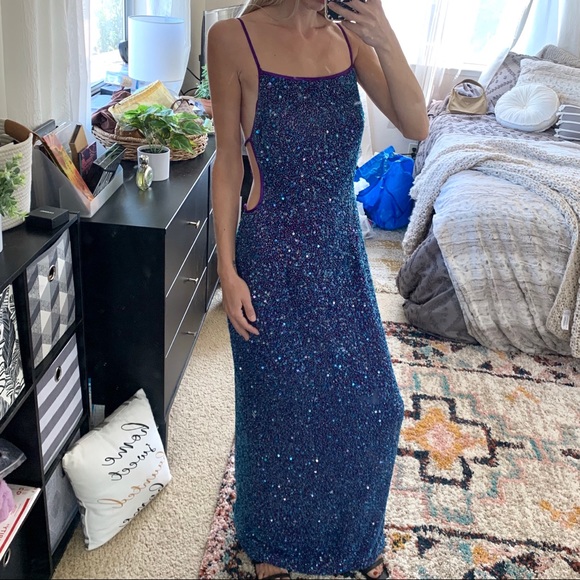 Scala Dresses & Skirts - Scala Sequin Silk Open Back Evening Gown Dress